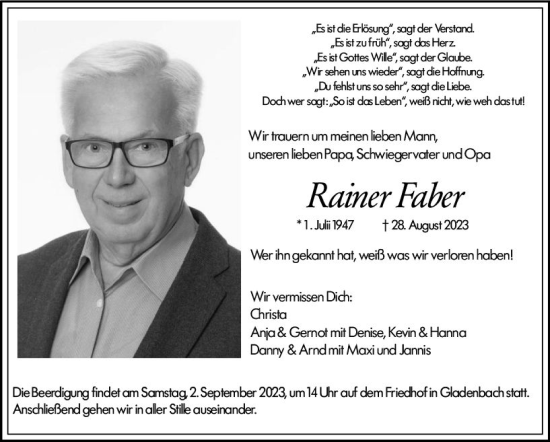 Traueranzeige von Rainer Faber von Hinterländer Anzeiger