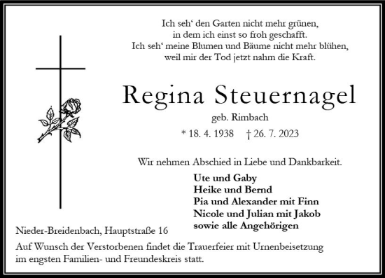 Traueranzeige von Regina Steuernagel von VRM Trauer