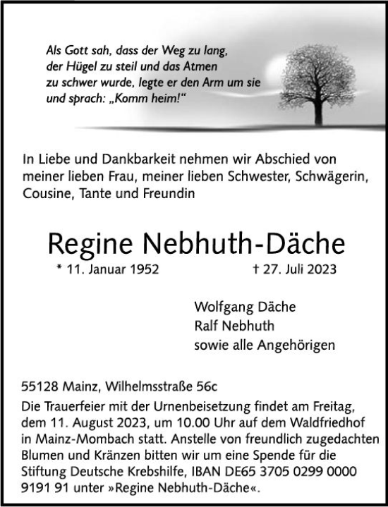 Traueranzeige von Regine Nebhuth-Däche von Allgemeine Zeitung Mainz