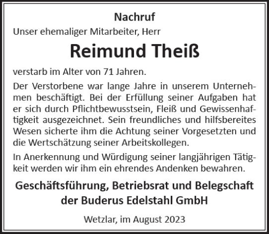Traueranzeige von Reimund Theiß von Wetzlarer Neue Zeitung