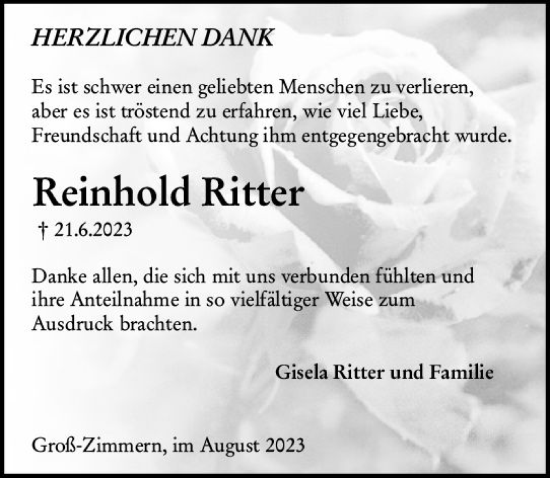 Traueranzeige von Reinhold Ritter von Dieburger Anzeiger/Groß-Zimmerner Lokal-Anzeiger