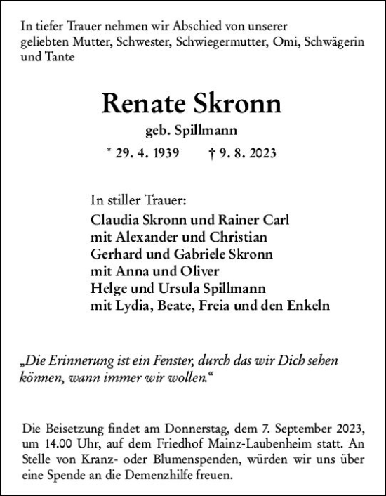 Traueranzeige von Renate Skronn von Allgemeine Zeitung Mainz