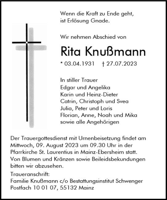 Traueranzeige von Rita Knußmann von Allgemeine Zeitung Mainz