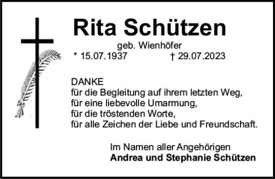 Traueranzeige von Rita Schützen von Allgemeine Zeitung Mainz