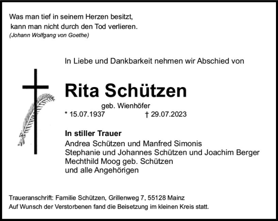 Traueranzeige von Rita Schützen von Allgemeine Zeitung Mainz