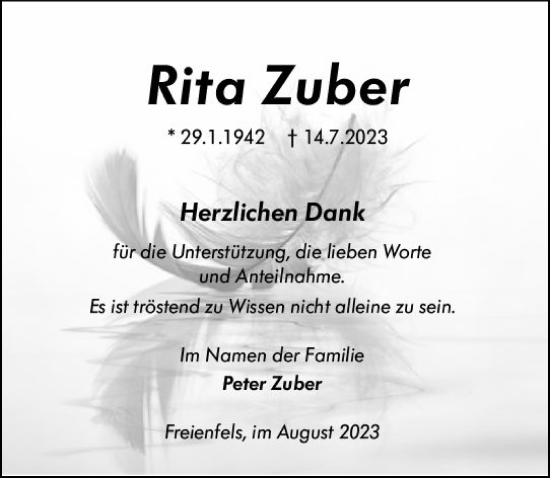 Traueranzeige von Rita Zuber von Weilburger Tageblatt