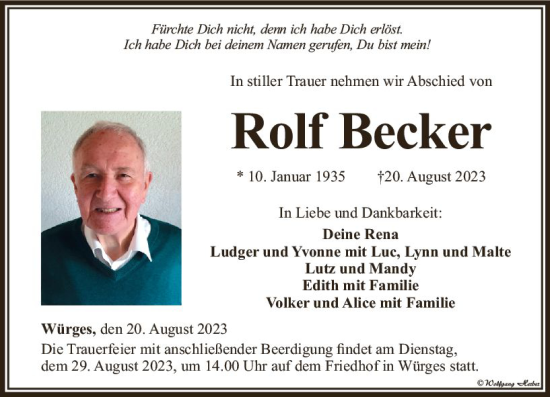 Traueranzeige von Rolf Becker von Camberger Anzeiger