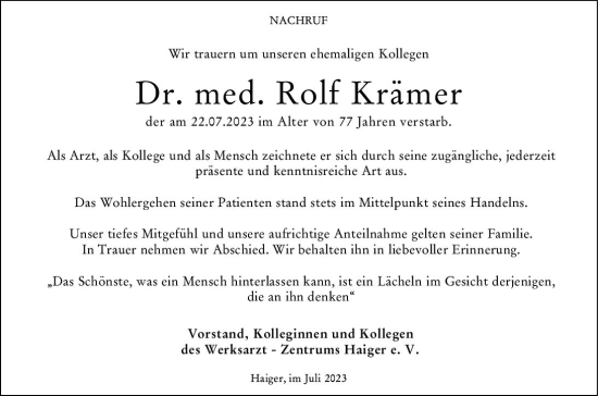 Traueranzeige von Rolf Krämer von Hinterländer Anzeiger Traueranzeige von Rolf Krämer von Hinterländer Anzeiger