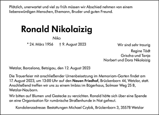 Traueranzeige von Ronald Nikolaizig von Wetzlarer Neue Zeitung