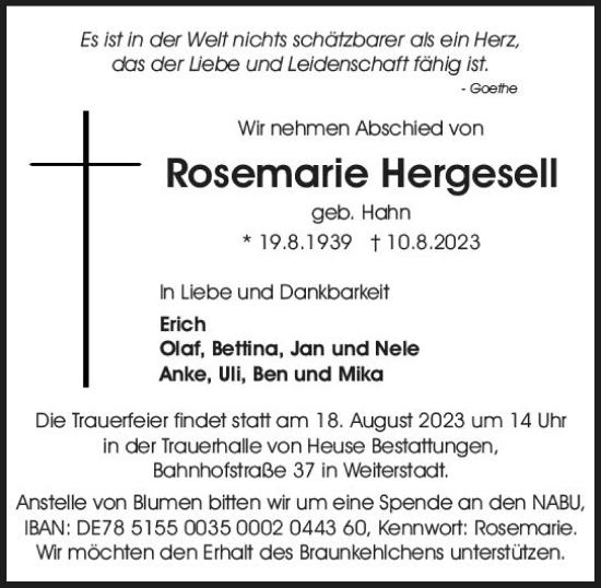 Traueranzeige von Rosemarie Hergesell von Darmstädter Echo