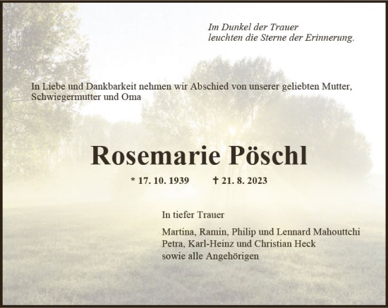 Traueranzeige von Rosemarie Pöschl von Allgemeine Zeitung Mainz