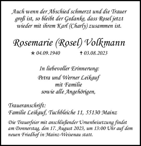 Traueranzeige von Rosemarie Volkmann von Allgemeine Zeitung Mainz
