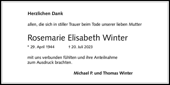 Traueranzeige von Rosemarie Elisabeth Winter von Allgemeine Zeitung Mainz