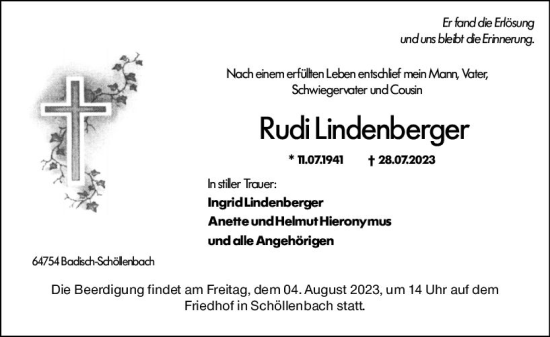 Traueranzeige von Rudi Lindenberger von Odenwälder Echo