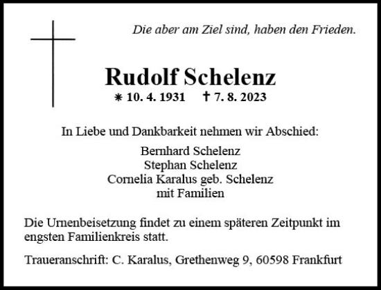 Traueranzeige von Rudolf Schelenz von Allgemeine Zeitung Mainz