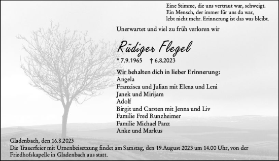 Traueranzeige von Rüdiger Flegel von Hinterländer Anzeiger