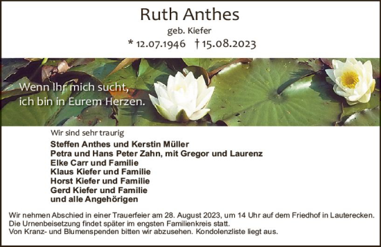 Traueranzeige von Ruth Anthes von Allgemeine Zeitung Bad Kreuznach
