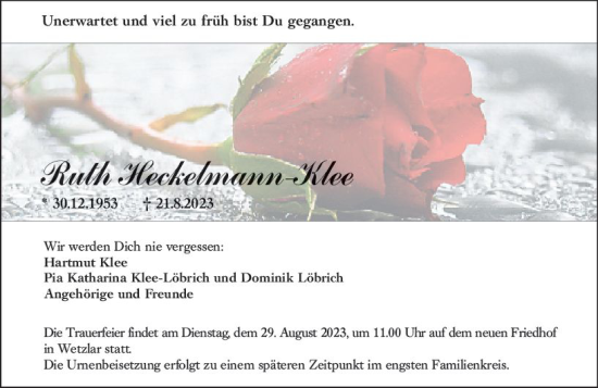 Traueranzeige von Ruth Heckelmann-Klee von Wetzlarer Neue Zeitung