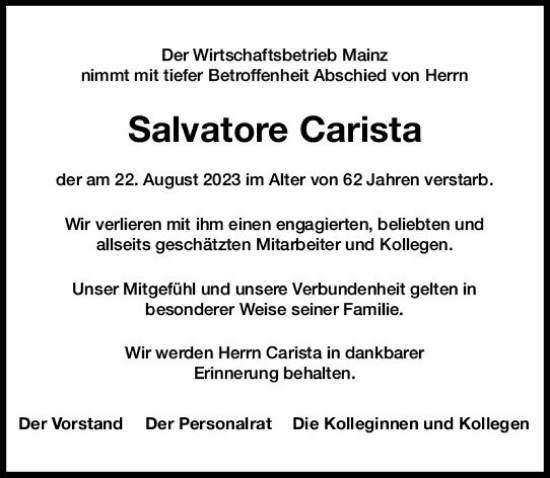 Traueranzeige von Salvatore Carista von Allgemeine Zeitung Mainz