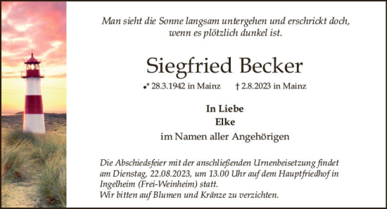 Traueranzeige von Siegfried Becker von Allgemeine Zeitung Mainz