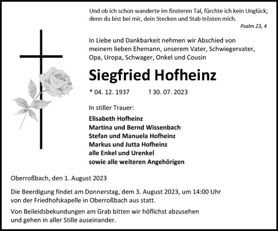 Traueranzeige von Siegfried Hofheinz von Dill Block