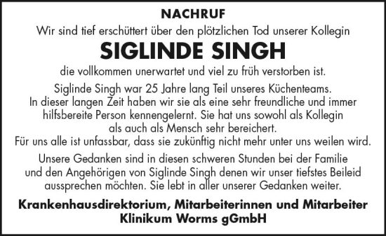 Traueranzeige von Siglinde Singh von Wormser Zeitung