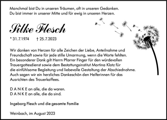 Traueranzeige von Silke Flesch von Weilburger Tageblatt