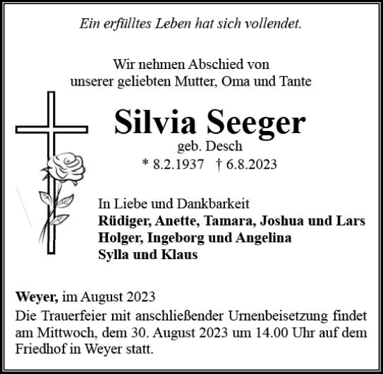 Traueranzeige von Silvia Seeger von Nassauische Neue Presse