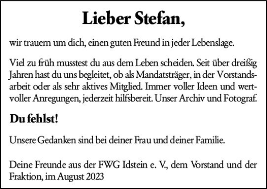 Traueranzeige von Stefan  von Idsteiner Land/Untertaunus