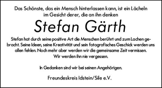 Traueranzeige von Stefan Gärth von Wiesbadener Kurier
