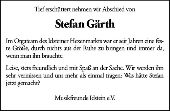 Traueranzeige von Stefan Gärth von Idsteiner Land/Untertaunus