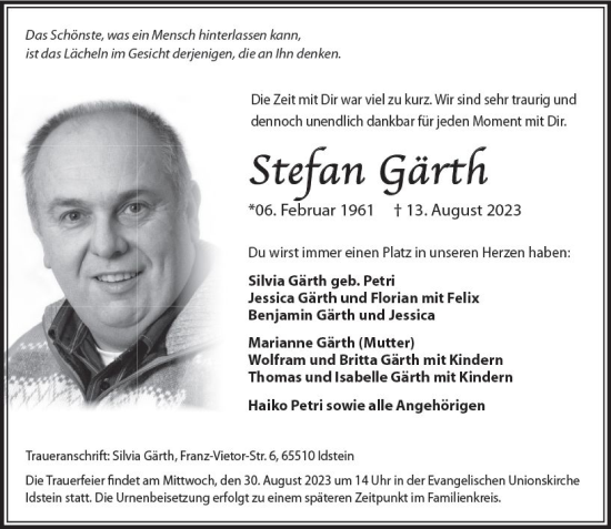 Traueranzeige von Stefan Gärth von Idsteiner Land/Untertaunus
