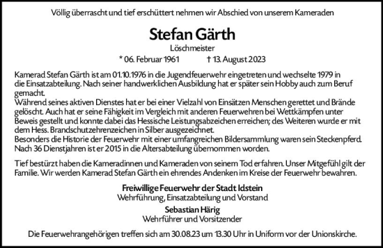 Traueranzeige von Stefan Gärth von Idsteiner Land/Untertaunus