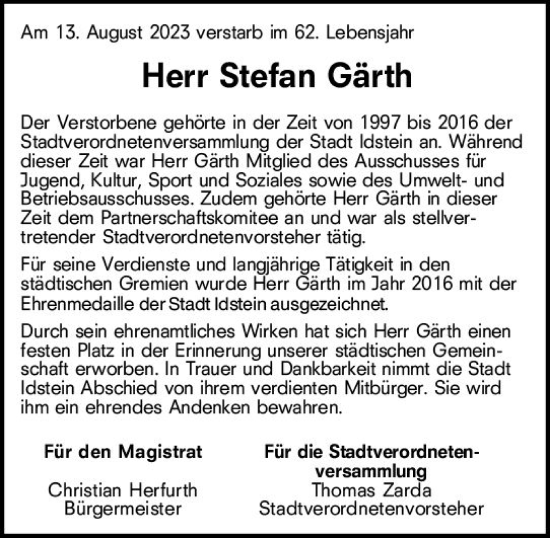 Traueranzeige von Stefan Gärth von Idsteiner Land/Untertaunus