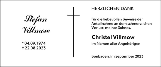 Traueranzeige von Stefan Villmou von Wetzlarer Neue Zeitung