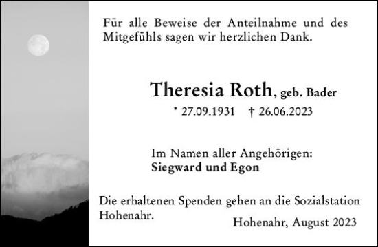Traueranzeige von Theresia Roth von Wetzlarer Neue Zeitung