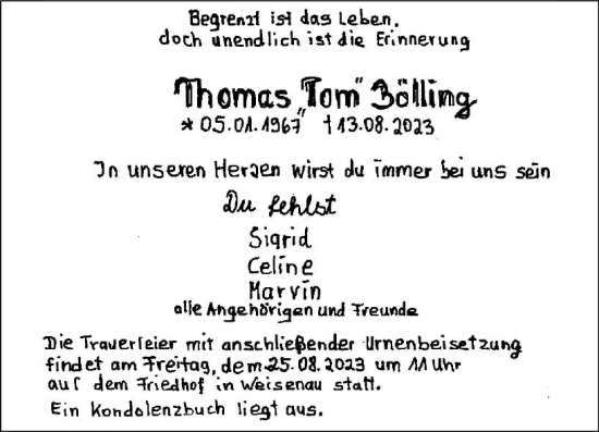 Traueranzeige von Thomas Bölling von Allgemeine Zeitung Mainz