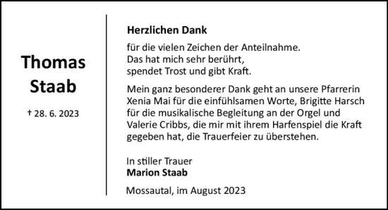 Traueranzeige von Thomas Staab von Odenwälder Echo