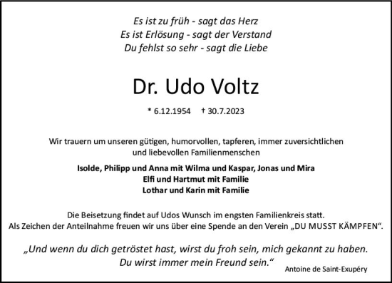 Traueranzeige von Udo Voltz von Darmstädter Echo