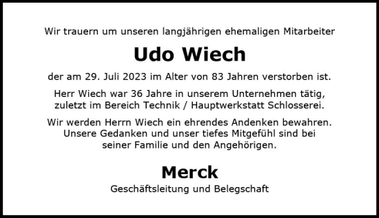 Traueranzeige von Udo Wiech von Darmstädter Echo