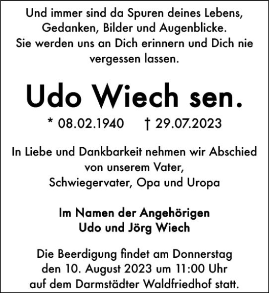 Traueranzeige von Udo Wiech von Darmstädter Echo
