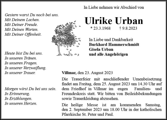 Traueranzeige von Ulrike Urban von Nassauische Neue Presse