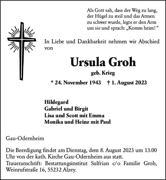 Traueranzeige von Ursula Groh von Allgemeine Zeitung Alzey