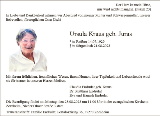 Traueranzeige von Ursula Kraus von Allgemeine Zeitung Mainz