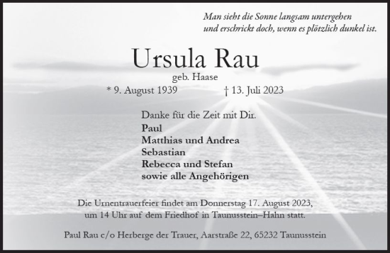 Traueranzeige von Ursula Rau von Wiesbadener Kurier