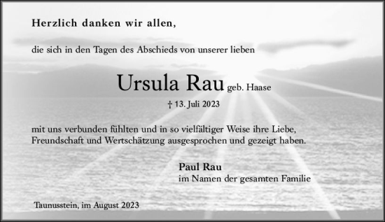 Traueranzeige von Ursula Rau von Wiesbadener Kurier