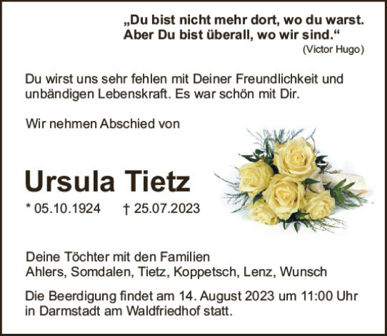 Traueranzeige von Ursula Tietz von Darmstädter Echo