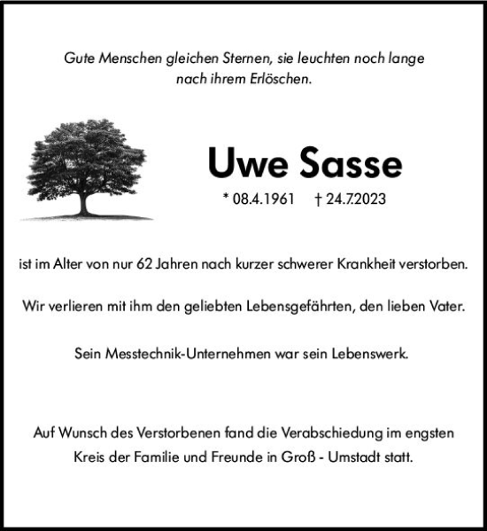 Traueranzeige von Uwe Sasse von Darmstädter Echo