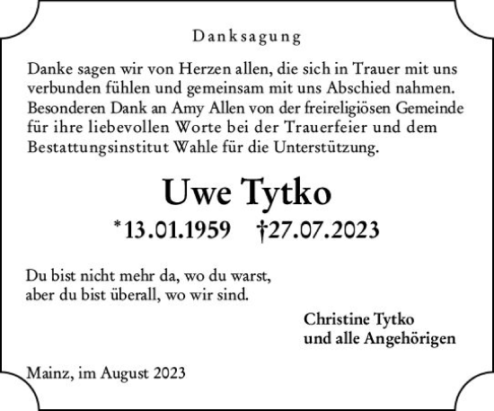 Traueranzeige von Uwe Tytko von Allgemeine Zeitung Mainz