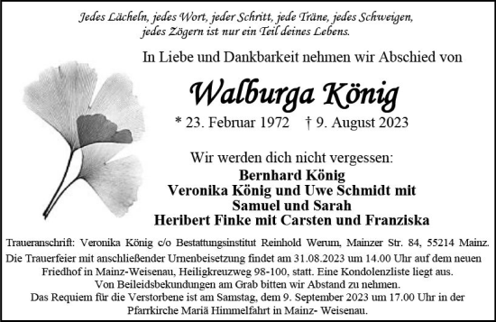 Traueranzeige von Walburga König von Rüsselsheimer Echo